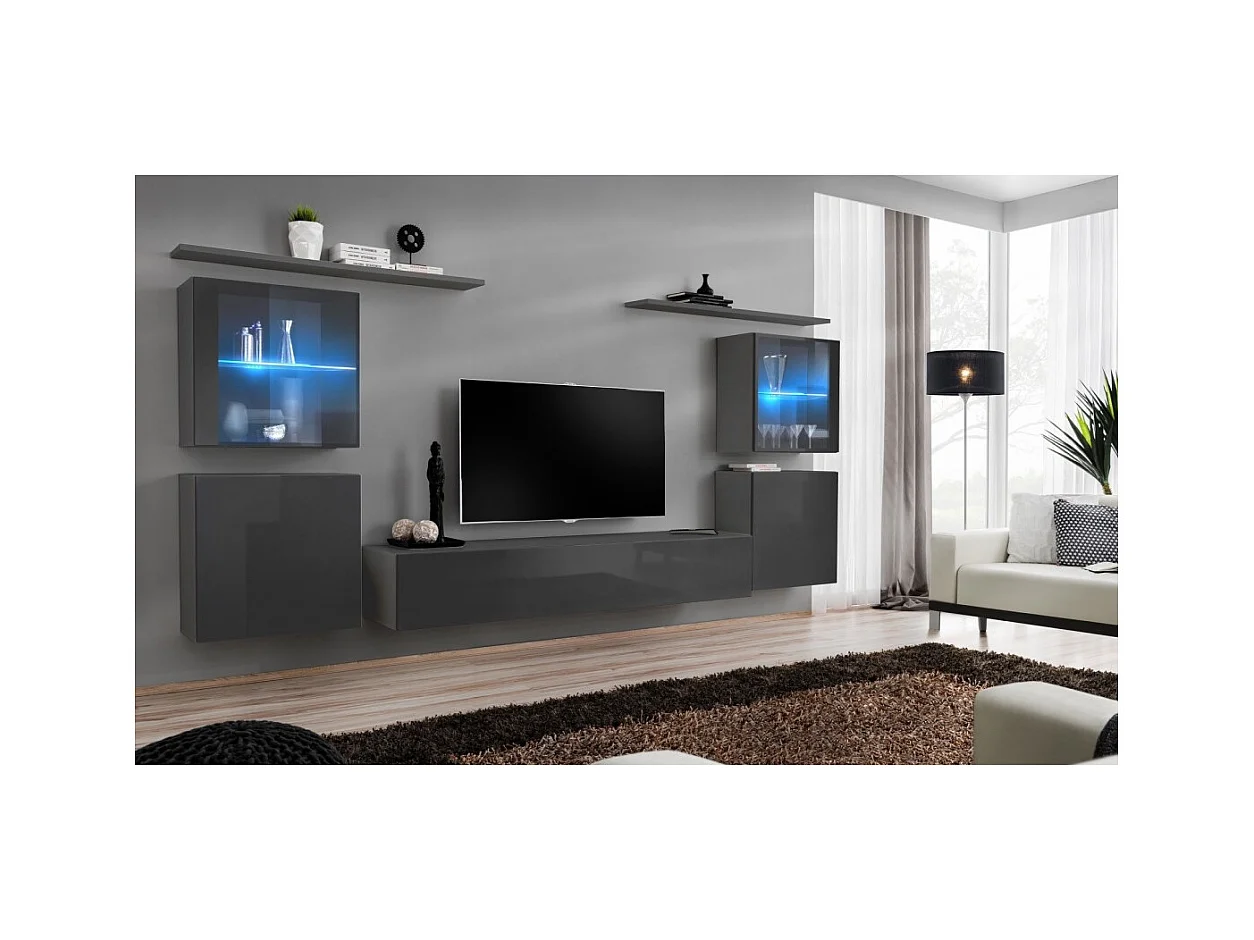 Set mobile da parete per salotto SWITCH XIV design, colore grigio lucido.