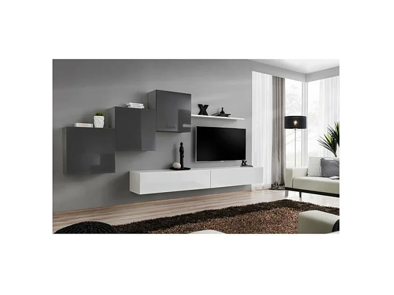 Wandmeubelset voor de woonkamer SWITCH X design, in glanzend wit en grijs.