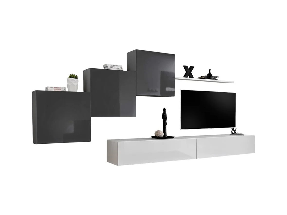 Ensemble meuble salon mural SWITCH X design, coloris blanc et gris brillant.
