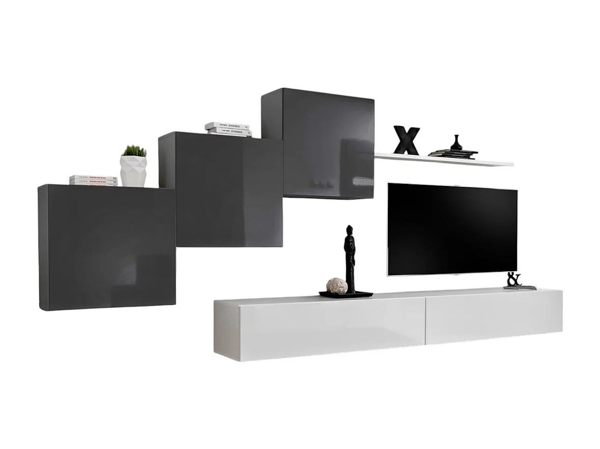 Ensemble meuble salon mural SWITCH X design, coloris blanc et gris brillant.