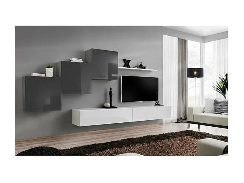 Ensemble meuble salon mural SWITCH X design, coloris blanc et gris brillant.