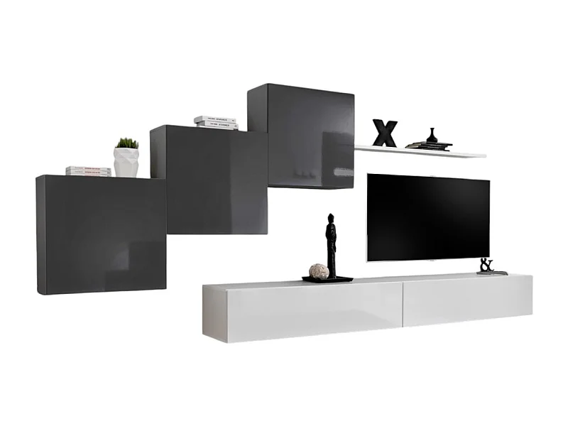 Wandmeubelset voor de woonkamer SWITCH X design, in glanzend wit en grijs.