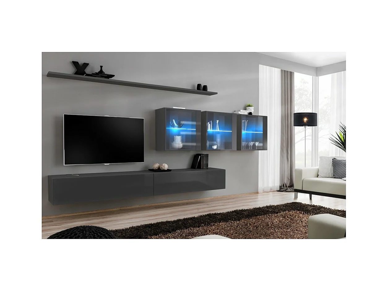 Wandmeubelset voor de woonkamer SWITCH XVII design, in glanzend grijs.