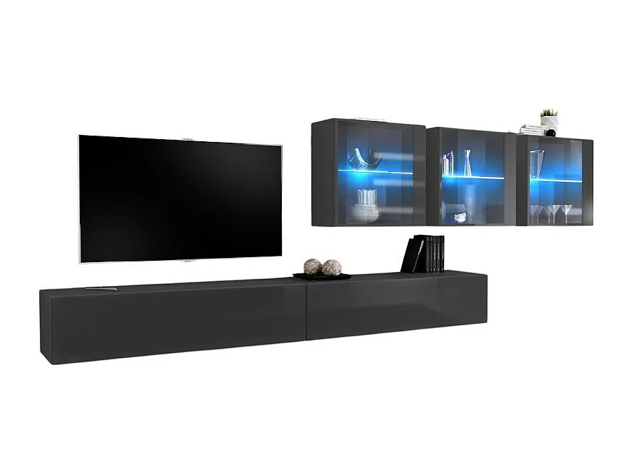 Ensemble meuble salon mural SWITCH XVII design, coloris gris brillant.