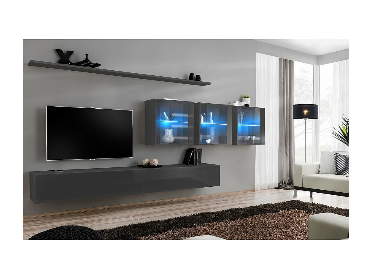 Ensemble meuble salon mural SWITCH XVII design, coloris gris brillant.