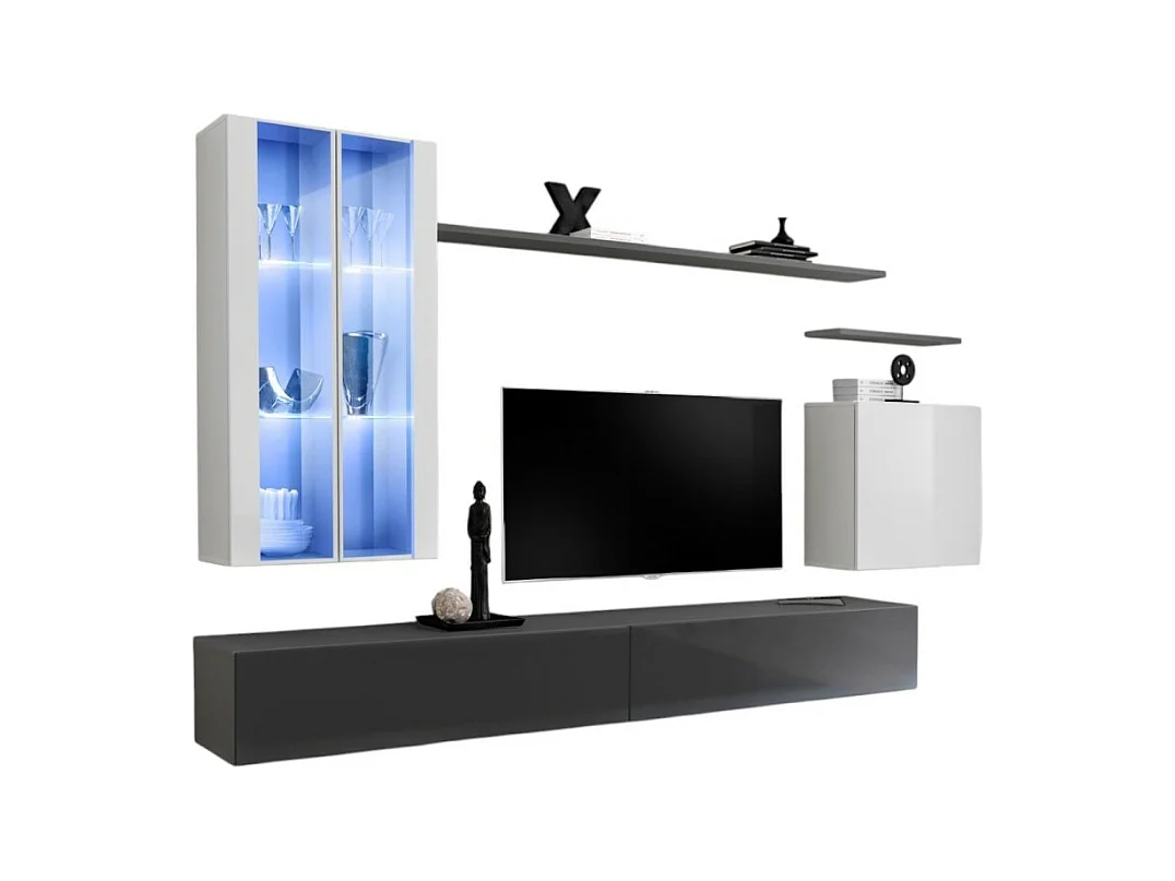 Wandmeubelset voor de woonkamer SWITCH XII design, in glanzend grijs en wit.