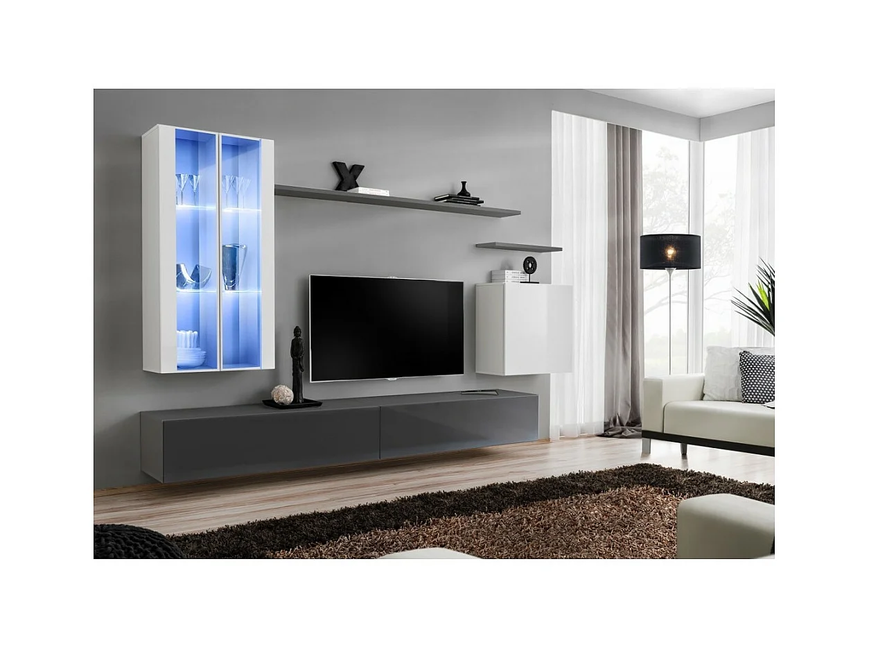 Wandmeubelset voor de woonkamer SWITCH XII design, in glanzend grijs en wit.