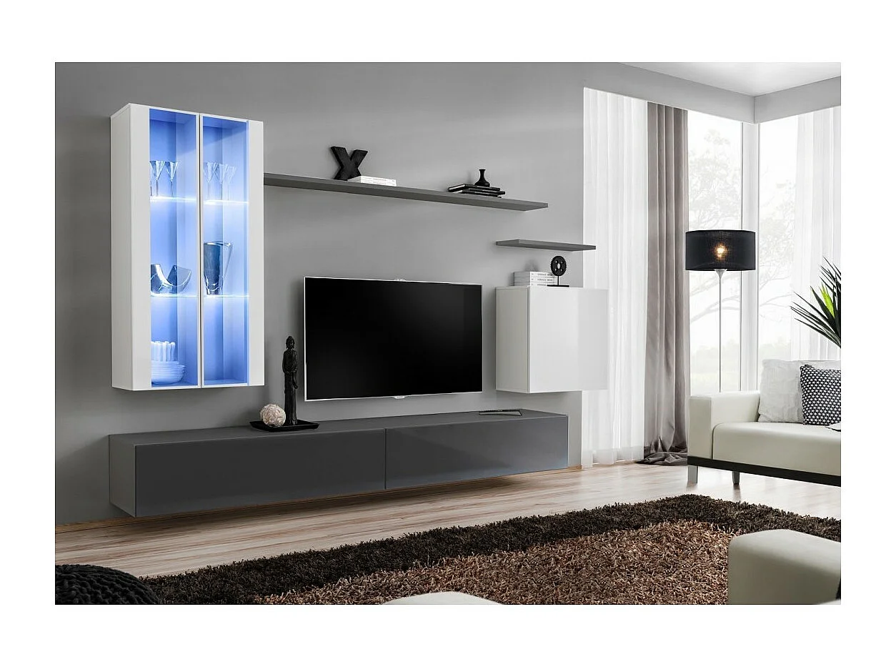 Ensemble meuble salon mural SWITCH XII design, coloris gris et blanc brillant.