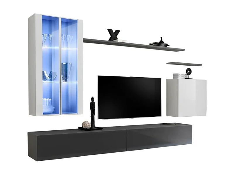 Wandmeubelset voor de woonkamer SWITCH XII design, in glanzend grijs en wit.