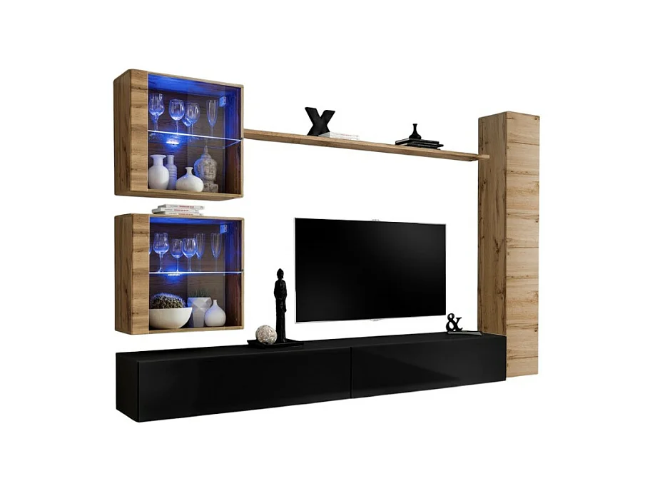 Wandmeubelset voor de woonkamer SWITCH XVIII design, in glanzend zwart en Wotan eiken kleur.