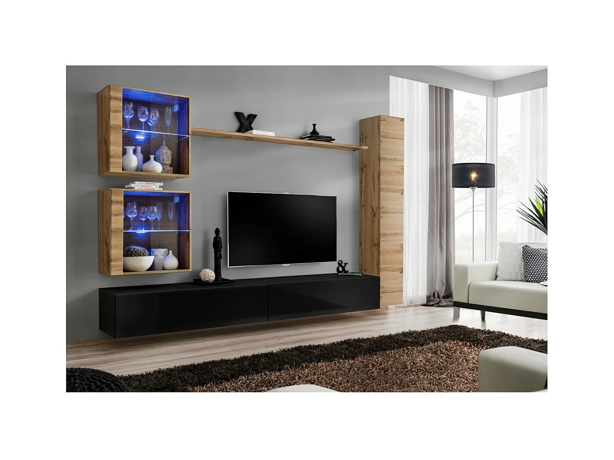 Wandmeubelset voor de woonkamer SWITCH XVIII design, in glanzend zwart en Wotan eiken kleur.