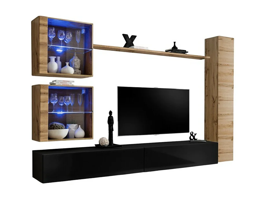 Ensemble meuble salon mural SWITCH XVIII design, coloris noir brillant et chêne Wotan.