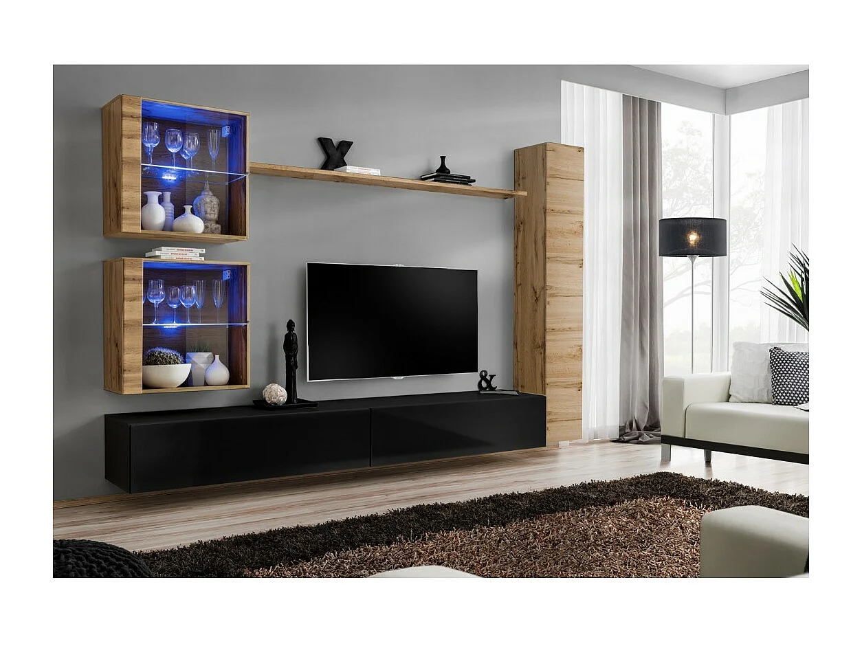 Ensemble meuble salon mural SWITCH XVIII design, coloris noir brillant et chêne Wotan.