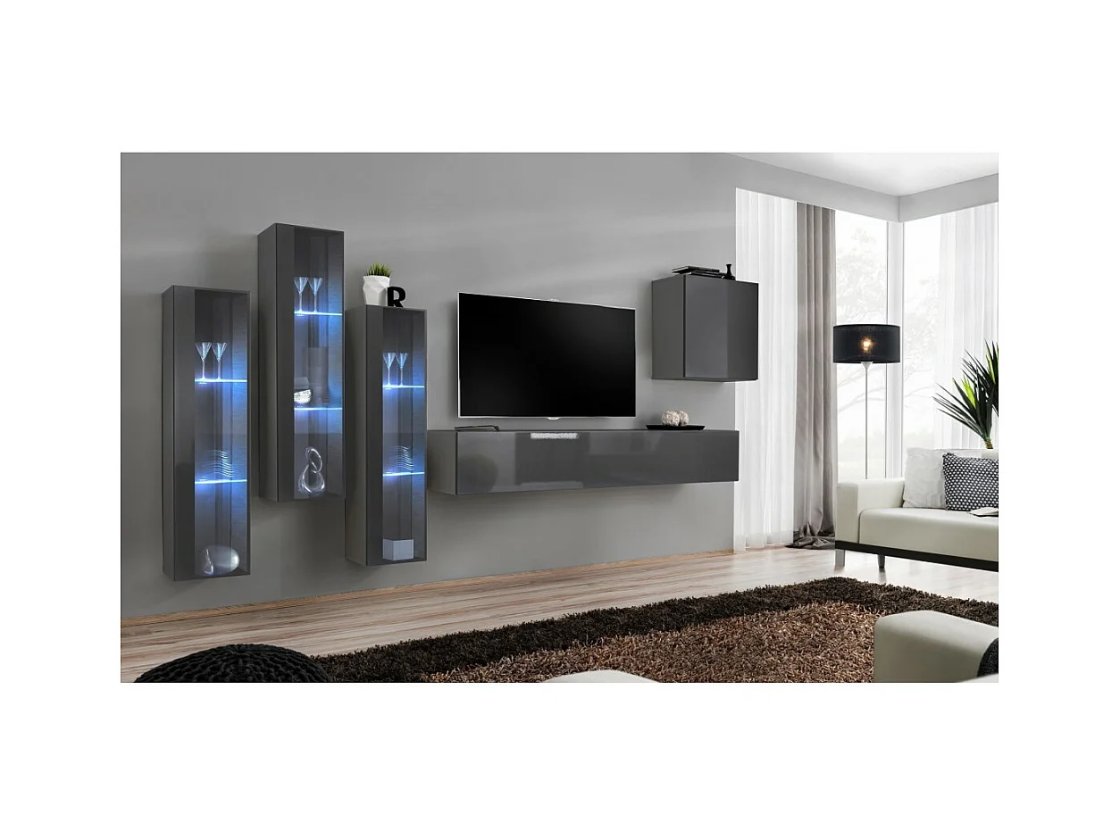 Ensemble meuble salon mural SWITCH XIII design, coloris gris brillant.