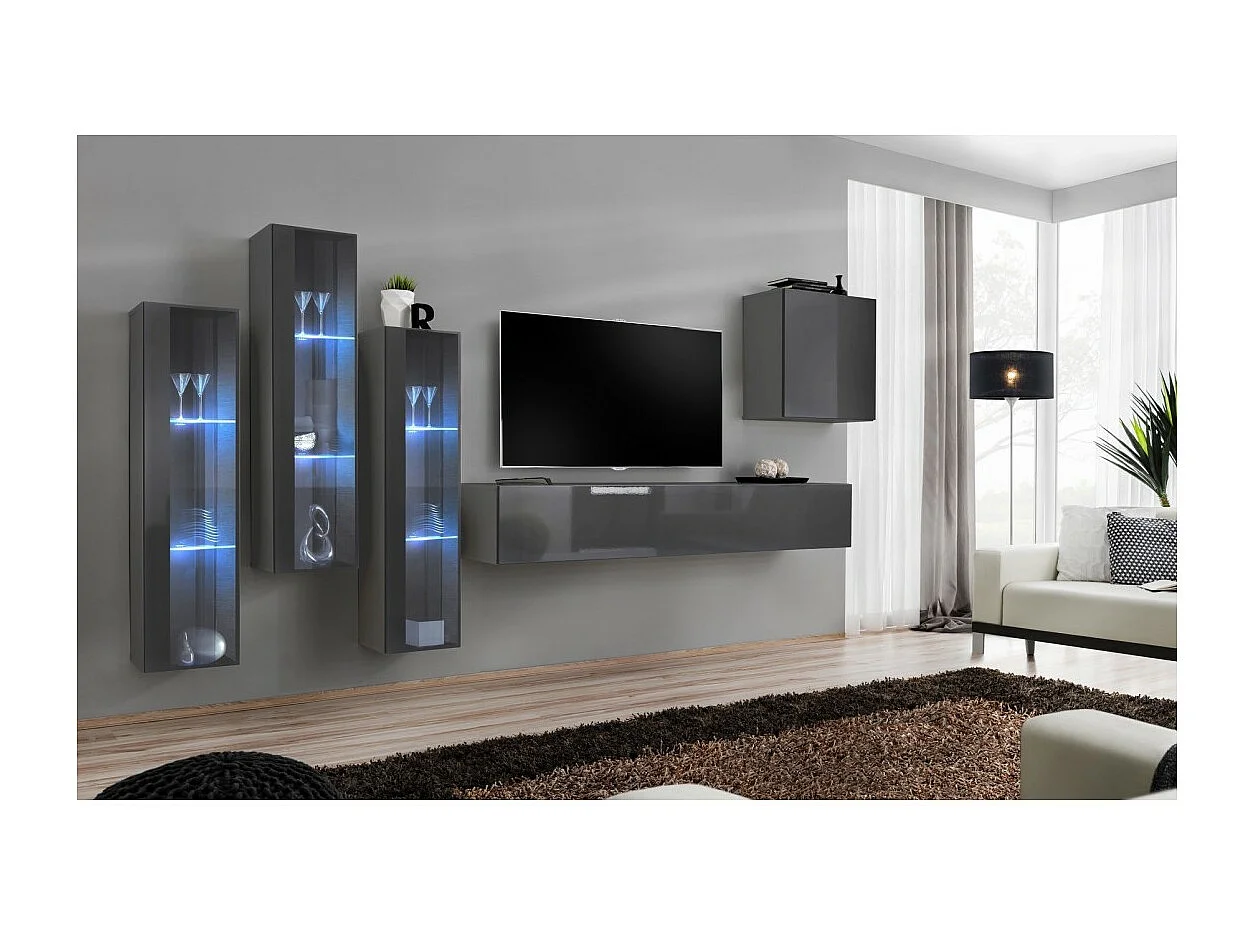 Ensemble meuble salon mural SWITCH XIII design, coloris gris brillant.