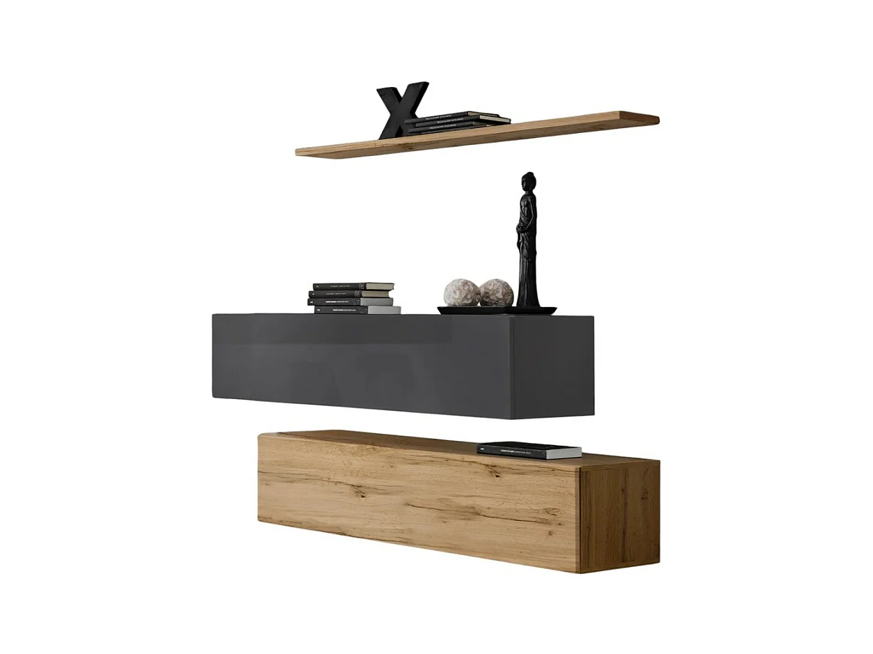 Ensemble meubles de salon SWITCH SBII design, coloris chêne Wotan et gris brillant.