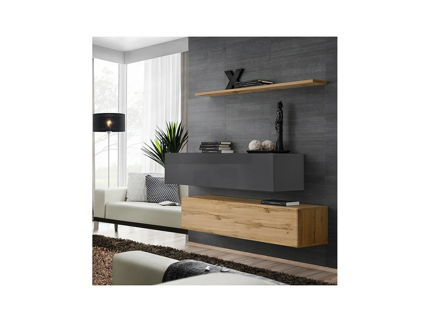 Ensemble meubles de salon SWITCH SBII design, coloris chêne Wotan et gris brillant.