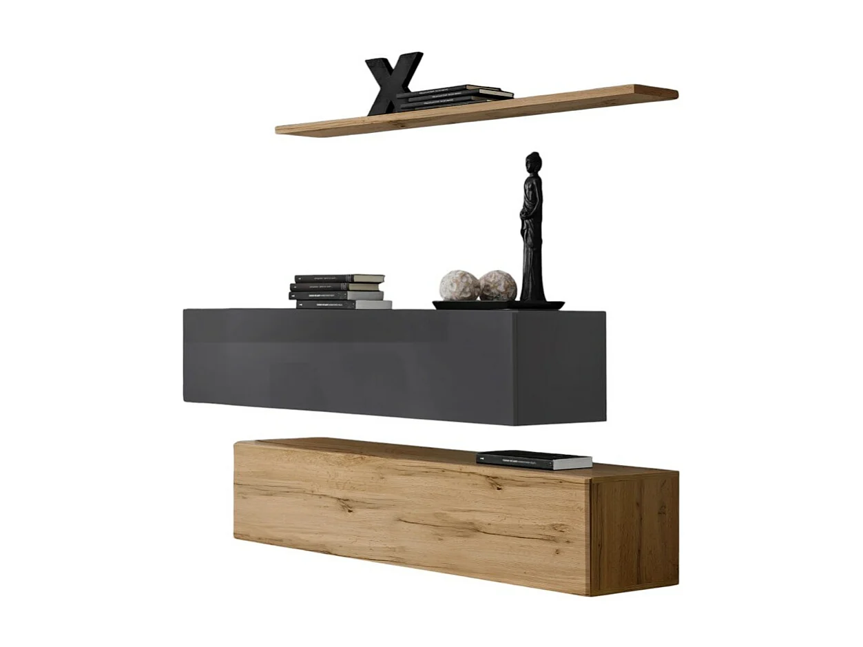 Conjunto de muebles de salón SWITCH SBII diseño, color roble Wotan y gris brillante.