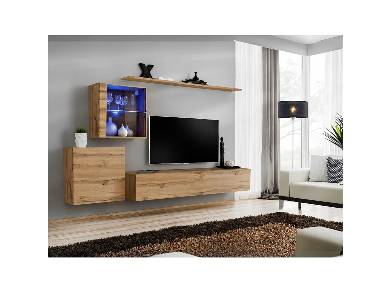 Conjunto de muebles de salón mural SWITCH XV de diseño, color roble Wotan.