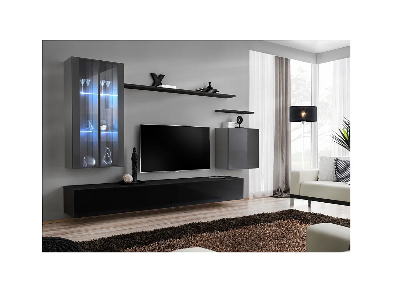 Wohnzimmer-Wandmöbelset SWITCH XII im Design, Farbe Schwarz und glänzendes Grau.