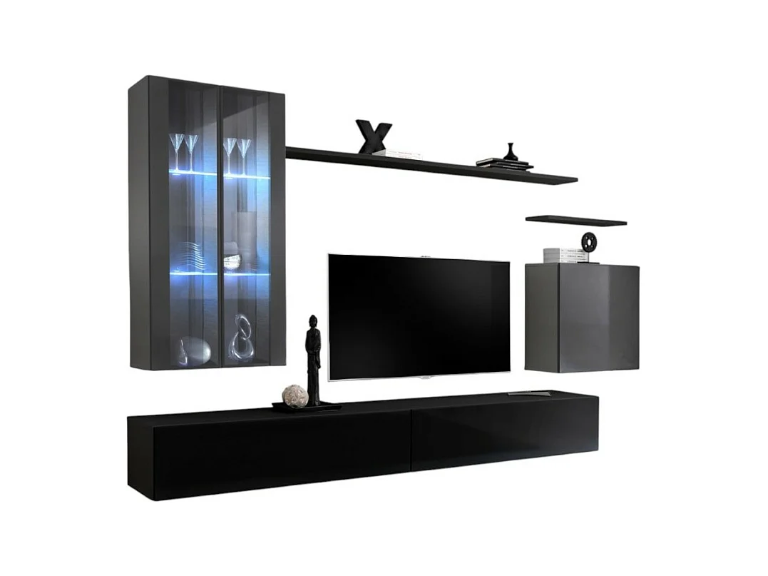 Ensemble meuble salon mural SWITCH XII design, coloris noir et gris brillant.
