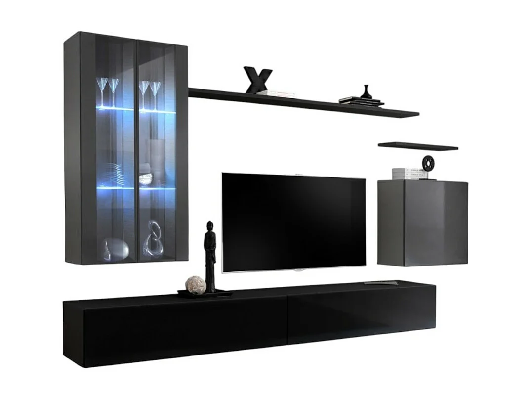 Ensemble meuble salon mural SWITCH XII design, coloris noir et gris brillant.