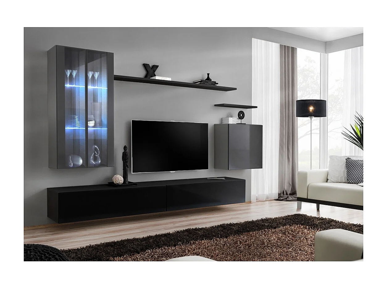 Ensemble meuble salon mural SWITCH XII design, coloris noir et gris brillant.