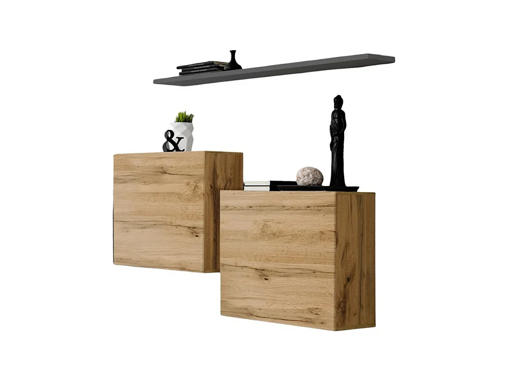 Ensemble meubles de salon SWITCH SBI design, coloris chêne Wotan et étagère grise.