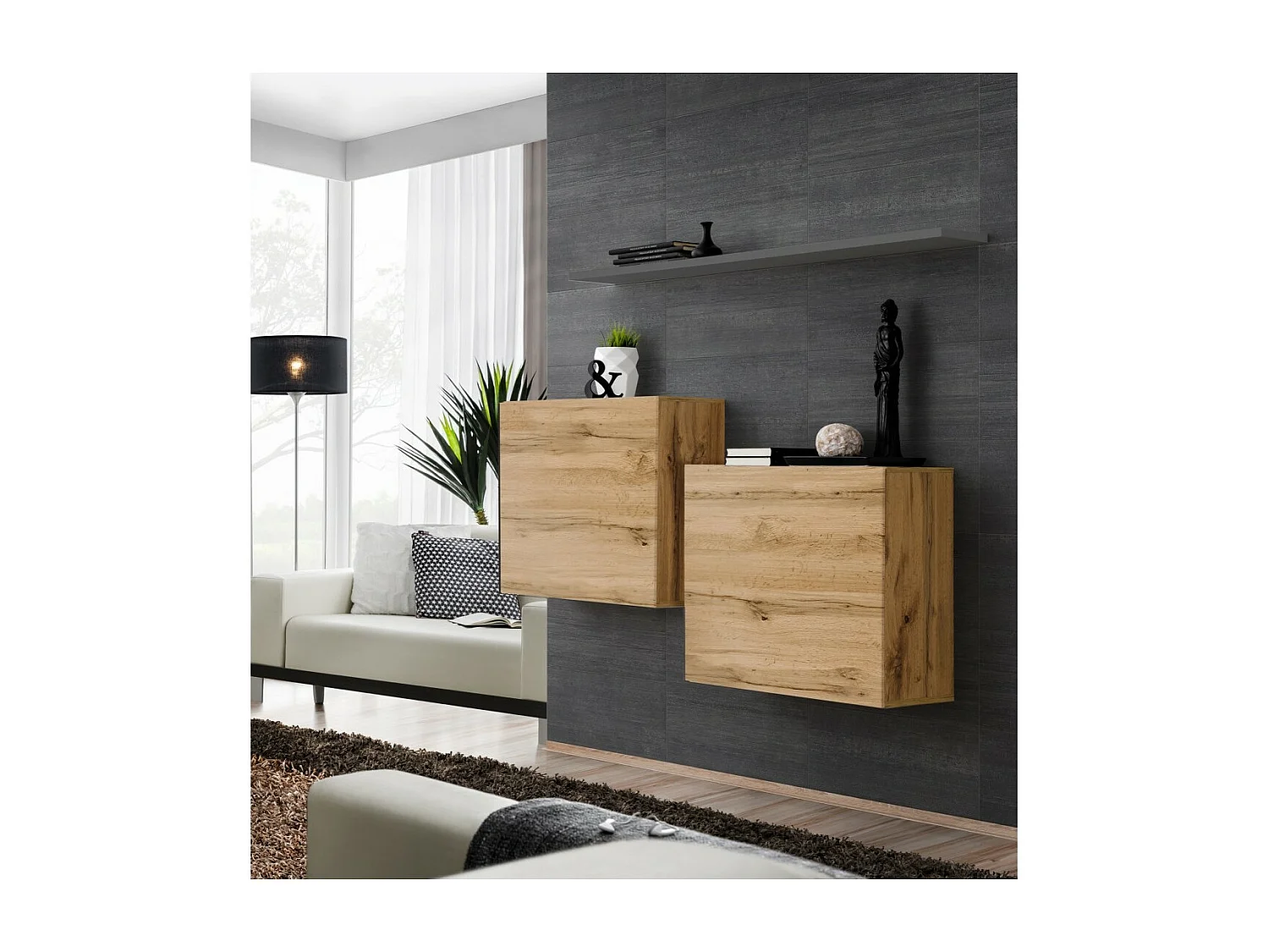 Ensemble meubles de salon SWITCH SBI design, coloris chêne Wotan et étagère grise.