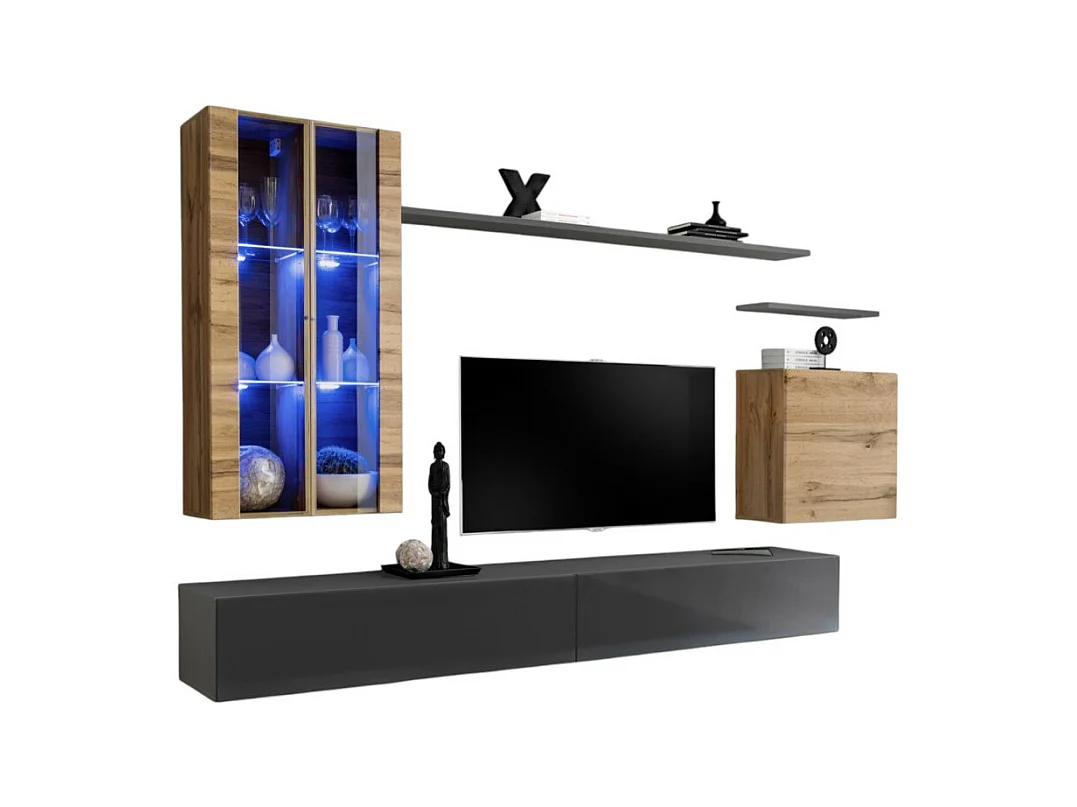 Ensemble meuble salon mural SWITCH XII design, coloris gris brillant et chêne Wotan.