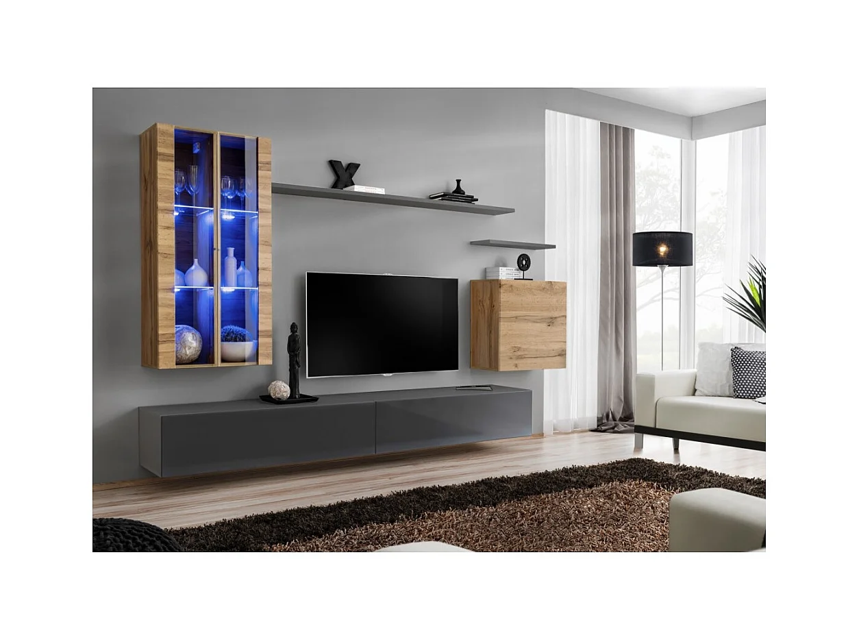 Conjunto de móveis de parede para sala de estar SWITCH XII, design moderno, nas cores cinza brilhante e carvalho Wotan.