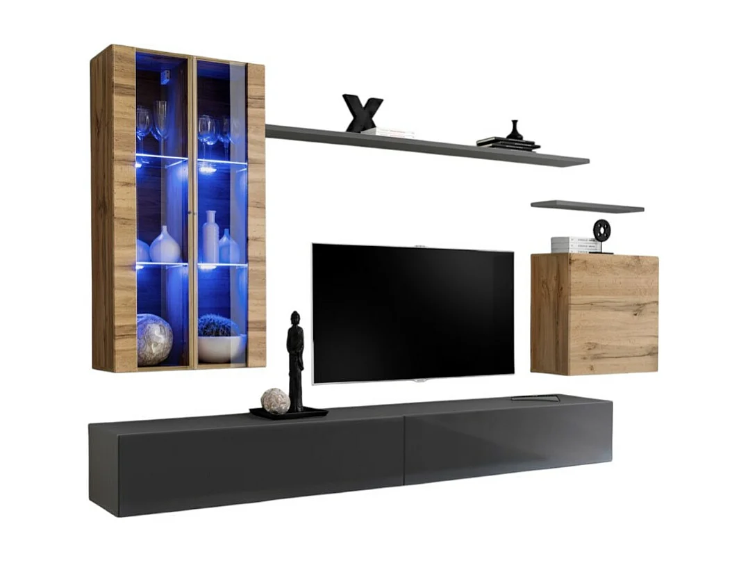 Wandmeubelset voor de woonkamer SWITCH XII design, in glanzend grijs en Wotan eiken kleur.