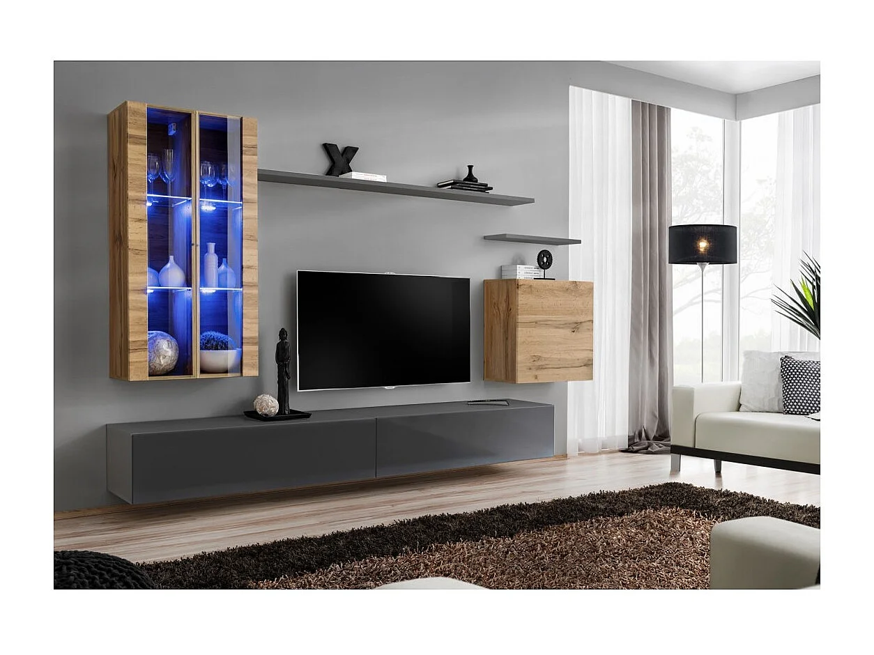 Wandmeubelset voor de woonkamer SWITCH XII design, in glanzend grijs en Wotan eiken kleur.