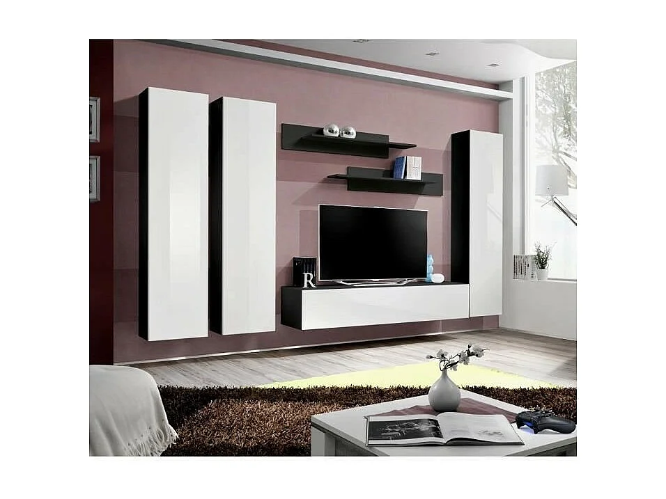 TV-meubel FLY C1 design, in glanzend zwart en wit. Modern en trendy zwevend meubel voor uw woonkamer.