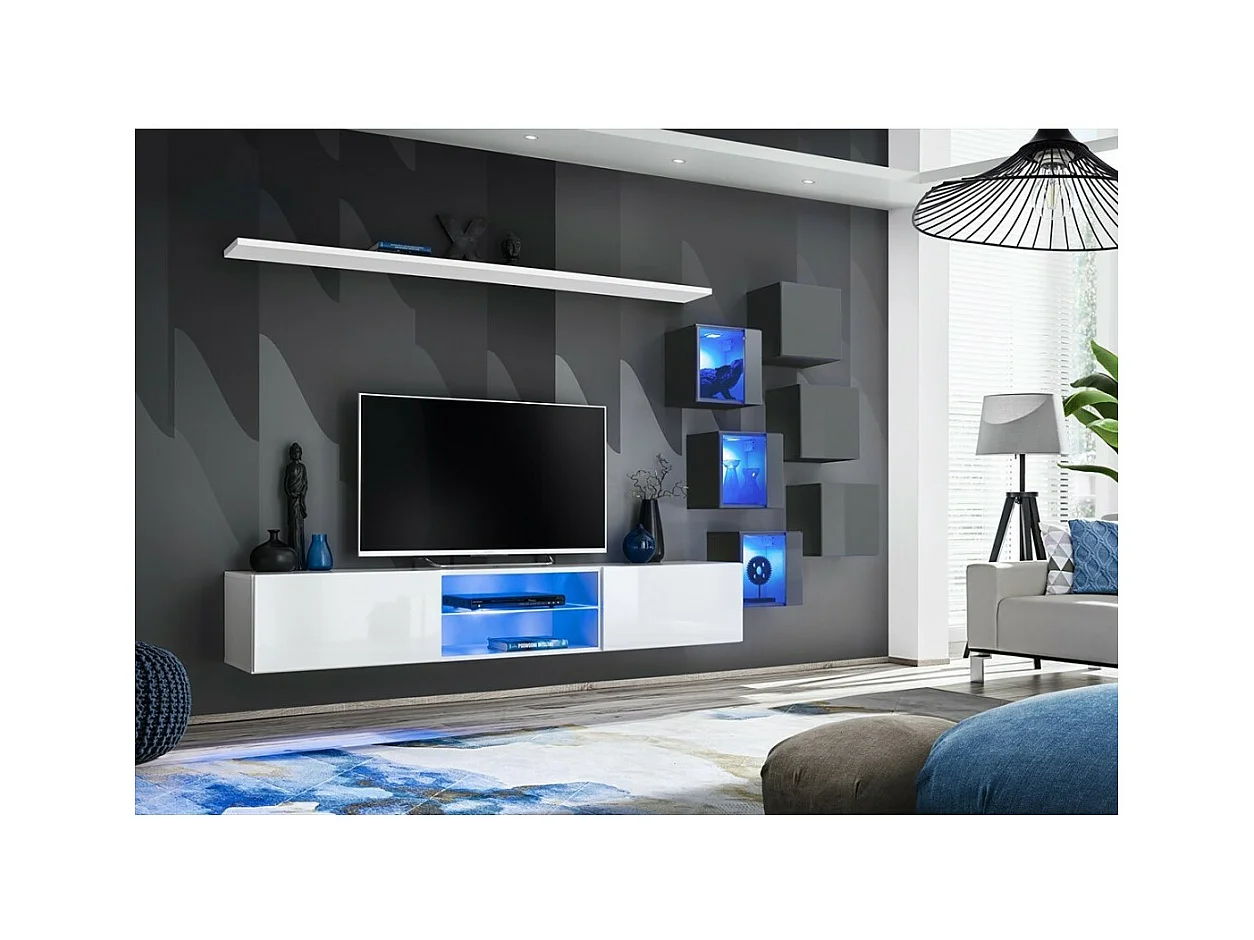 Conjunto de móveis para sala de estar SWITCH XXI, nas cores branco e cinza.