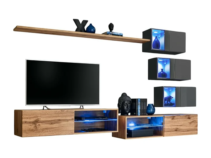 Conjunto de móveis para sala de estar SWITCH XXIV, design, nas cores carvalho e cinza.