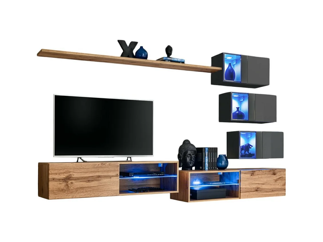 Ensemble meubles de salon SWITCH XXIV design, coloris chêne et gris.