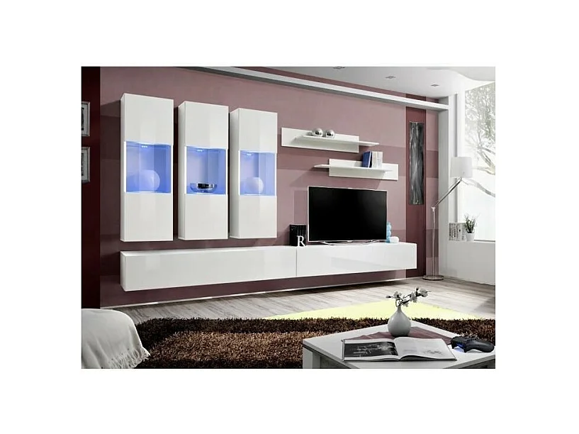 TV-Möbel FLY E2 Design, in glänzendem Weiß. Modernes und trendiges Hängemöbel für Ihr Wohnzimmer.