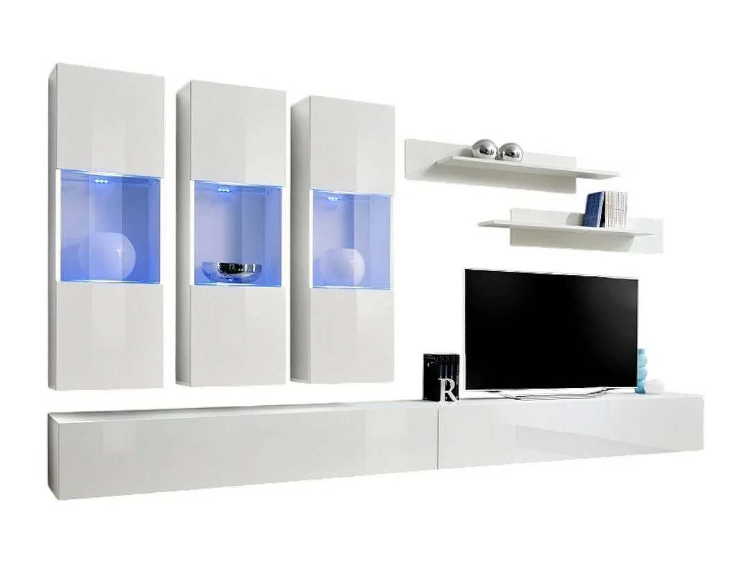 TV-Möbel FLY E2 Design, in glänzendem Weiß. Modernes und trendiges Hängemöbel für Ihr Wohnzimmer.