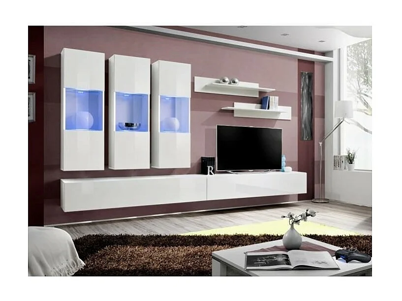 TV-Möbel FLY E2 Design, in glänzendem Weiß. Modernes und trendiges Hängemöbel für Ihr Wohnzimmer.