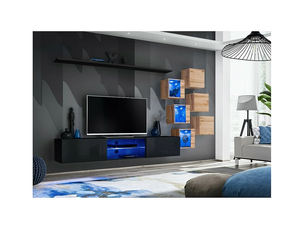 Set woonkamermeubels SWITCH XXI – LED – Zwart en eiken – Zwevend ontwerp