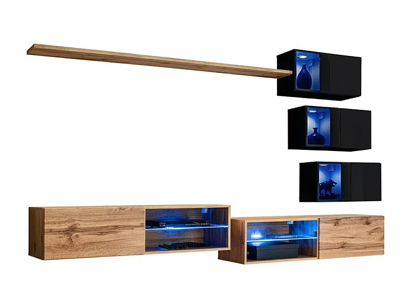 Conjunto de móveis para sala de estar SWITCH XXIV, design em carvalho e preto.