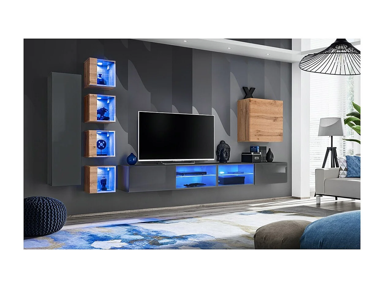 Ensemble meubles de salon SWITCH XXVI design, coloris gris et chêne.