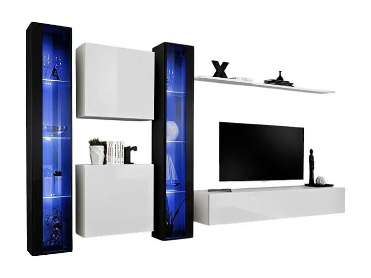 Conjunto de muebles de salón mural SWITCH XVI diseño, color blanco y negro brillante.