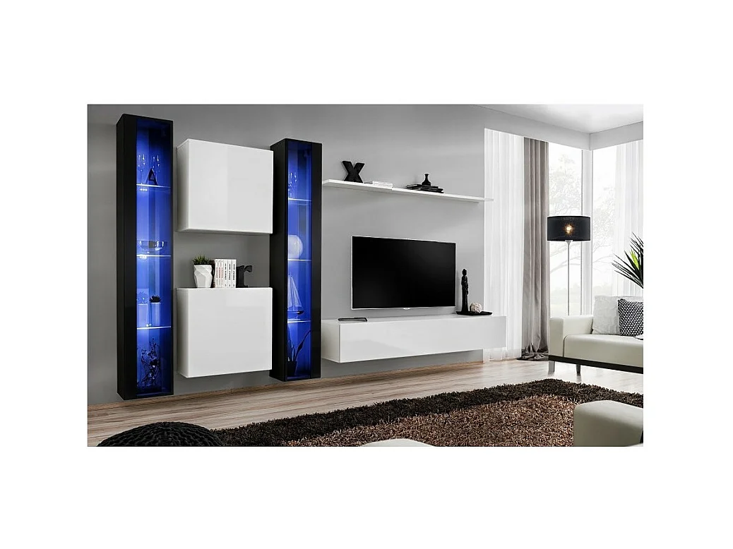 Conjunto de muebles de salón mural SWITCH XVI diseño, color blanco y negro brillante.