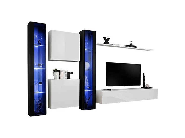 Ensemble meuble salon mural SWITCH XVI design, coloris blanc et noir brillant.