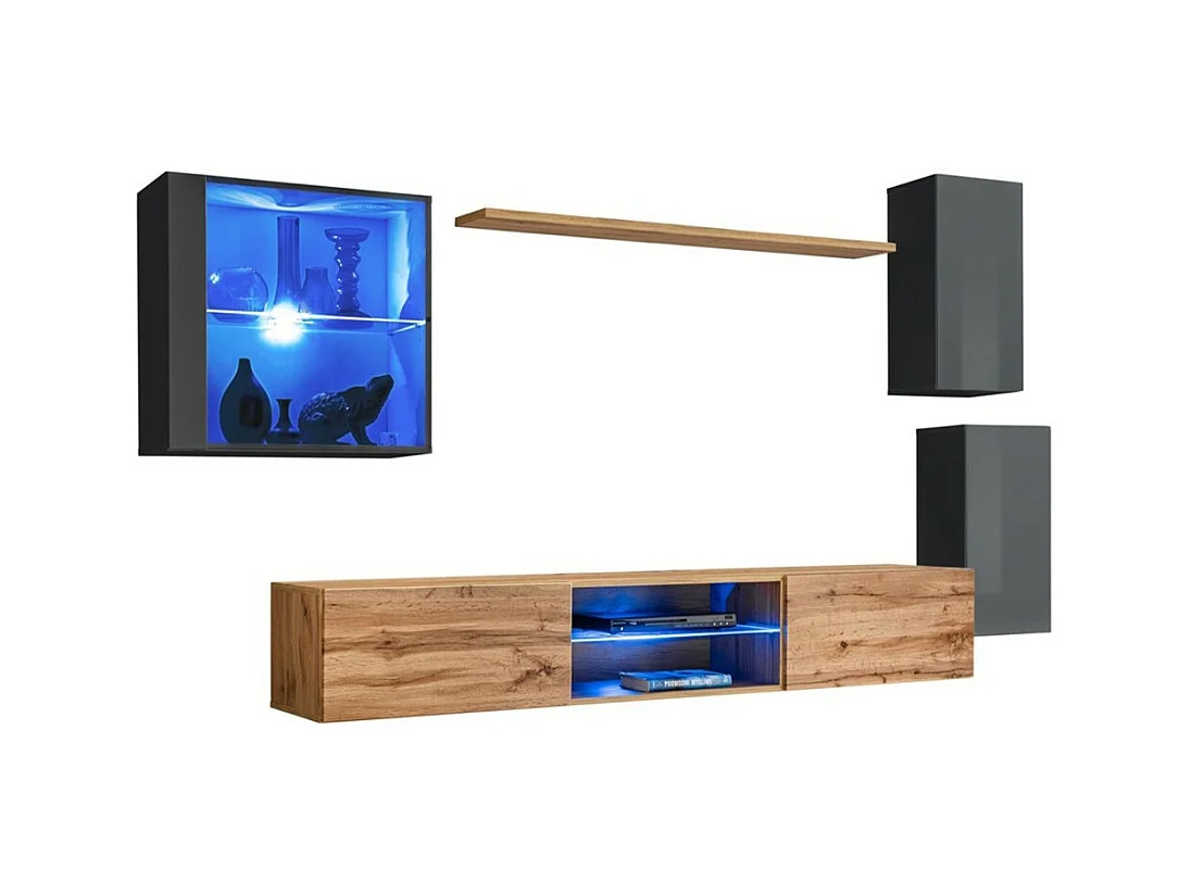 Ensemble meubles de salon SWITCH XXIII – LED – Gris et Chêne – Design suspendu
