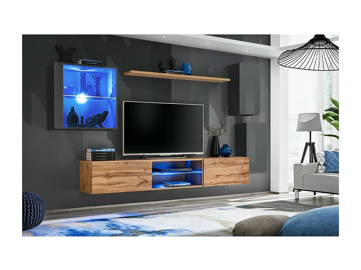 Ensemble meubles de salon SWITCH XXIII – LED – Gris et Chêne – Design suspendu