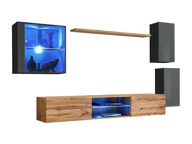 Set woonkamermeubels SWITCH XXIII – LED – Grijs en Eiken – Hangend design