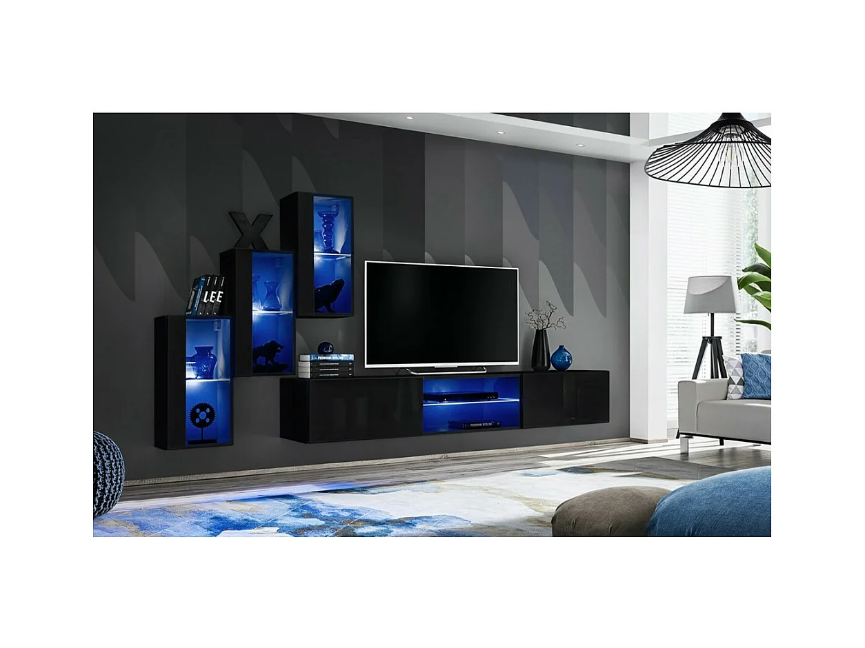 Set woonkamermeubels SWITCH XXII – LED – Hoogglans Zwart – Hangend design